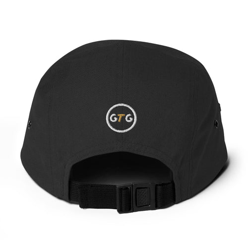 Mind Over Matzah 5-panel cap in Black, back view with embroidered GTG badge
