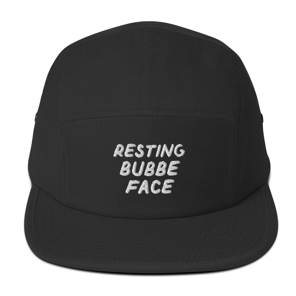 Resting Bubbe Face 5-panel cap in Black, front view with embroidered phrase