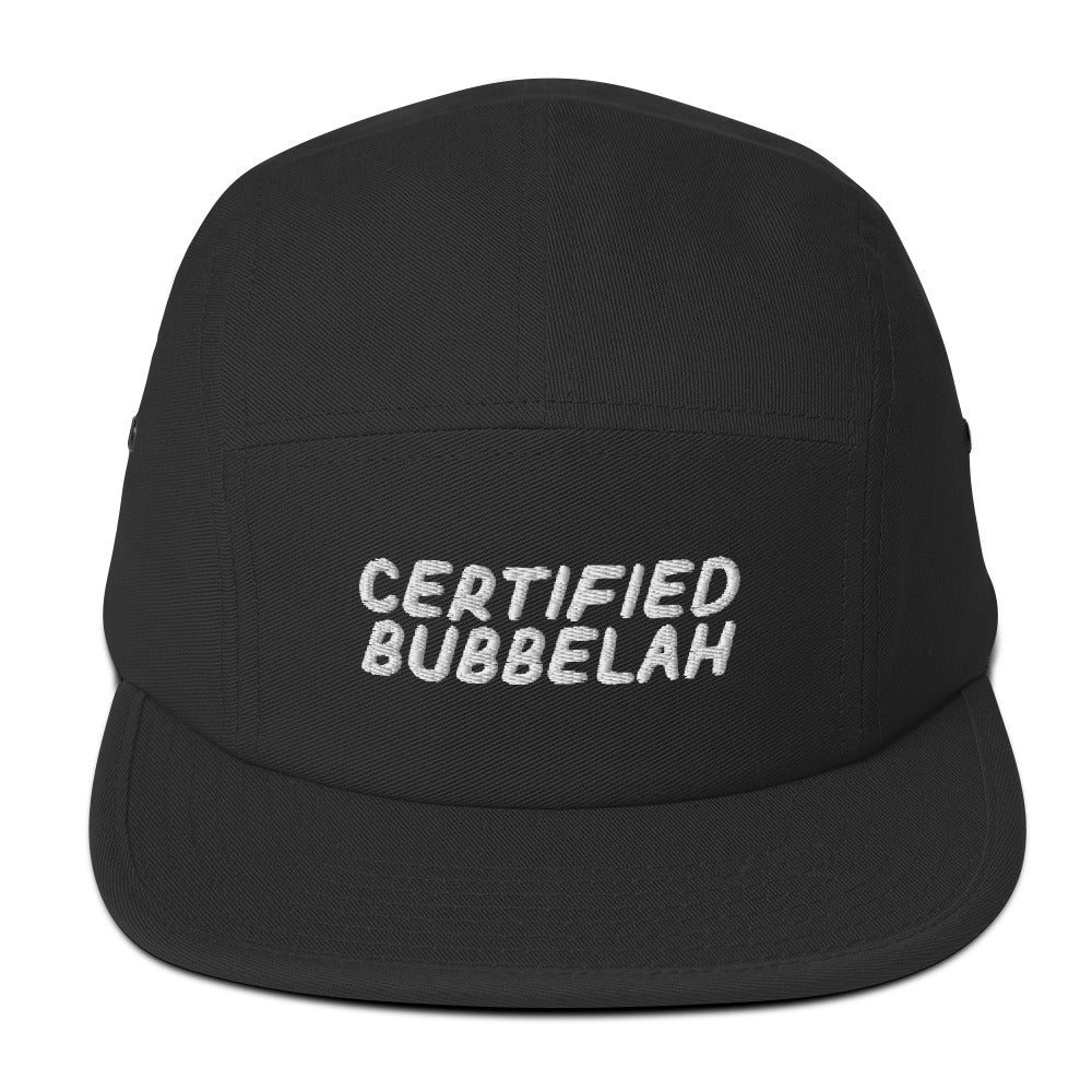 Certified Bubbelah 5-panel cap in Black, front view with embroidered phrase