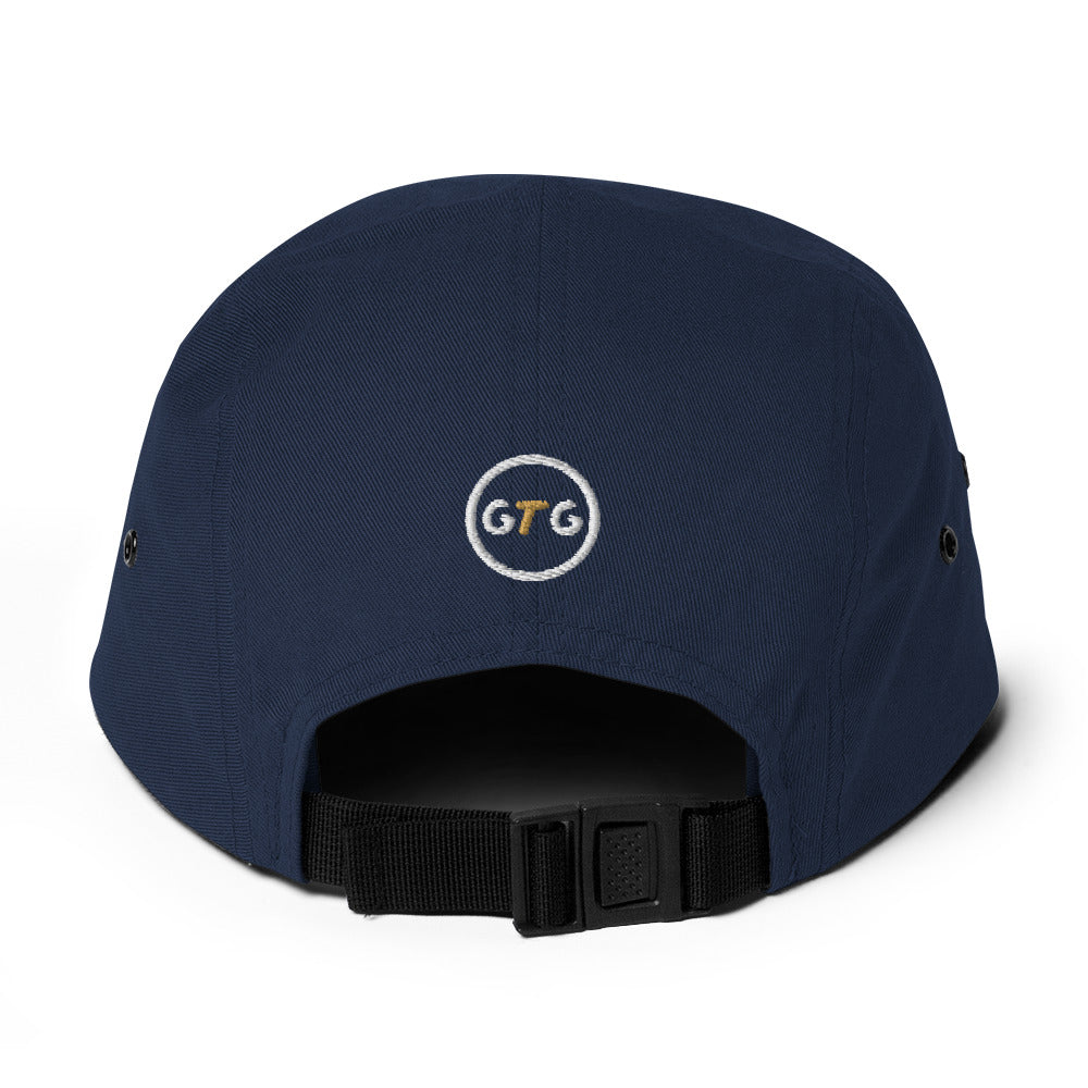 Tiny Payot 5-panel cap in Navy, alternate back view with embroidered GTG badge