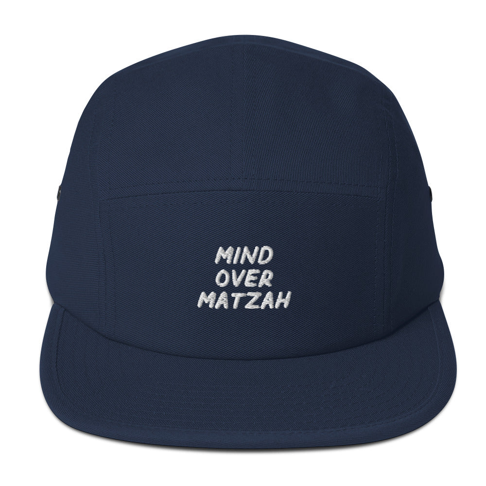 GTG Mind Over Matzah 5-panel cap in Navy with mustard print, front view