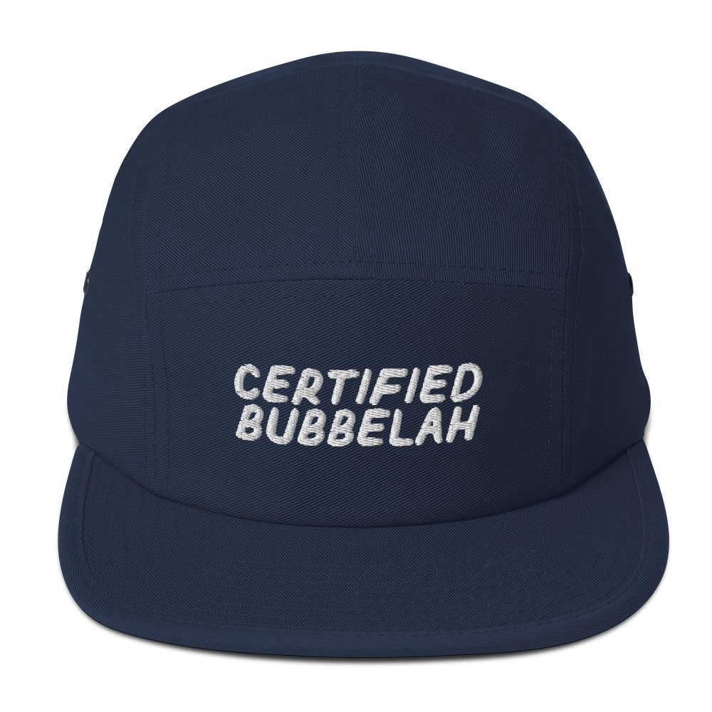 Certified Bubbelah 5-panel cap in Navy, front view with embroidered phrase