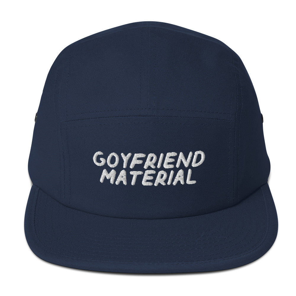 Goyfriend Material 5-panel cap in Navy, front view with embroidered phrase