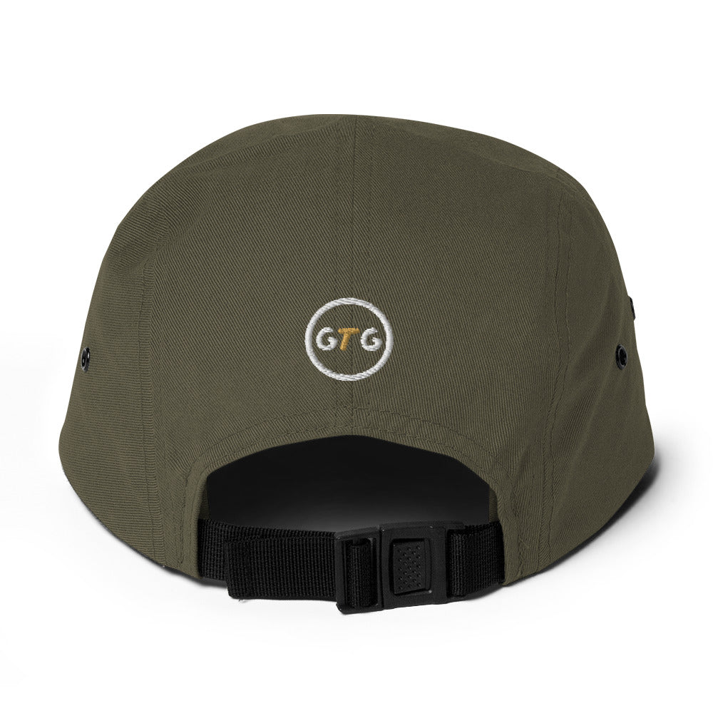 Mind Over Matzah 5-panel cap in Olive, alternate back view with embroidered GTG badge