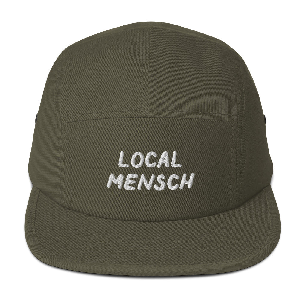 Local Mensch 5-panel cap in Olive, front view with embroidered phrase