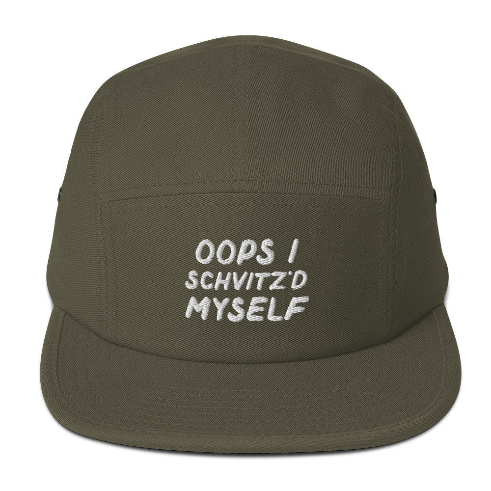 Oops I Schvitz'd Myself 5-panel cap in Olive, front view with embroidered phrase