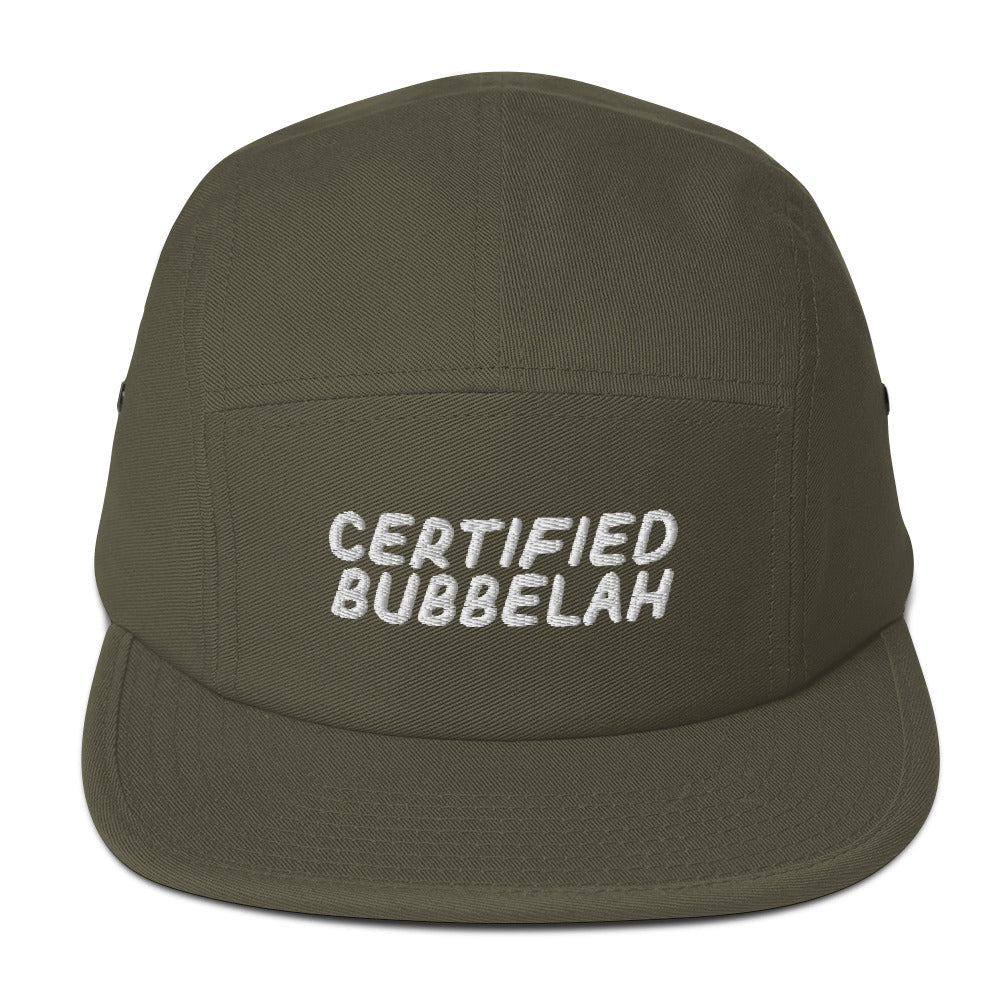 Certified Bubbelah 5-panel cap in Olive, front view with embroidered phrase