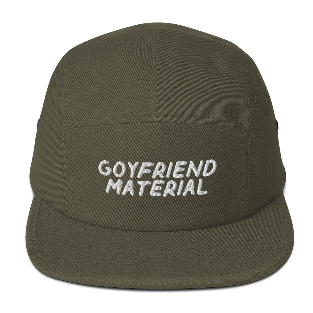 Goyfriend Material 5-panel cap in Olive, front view with embroidered phrase