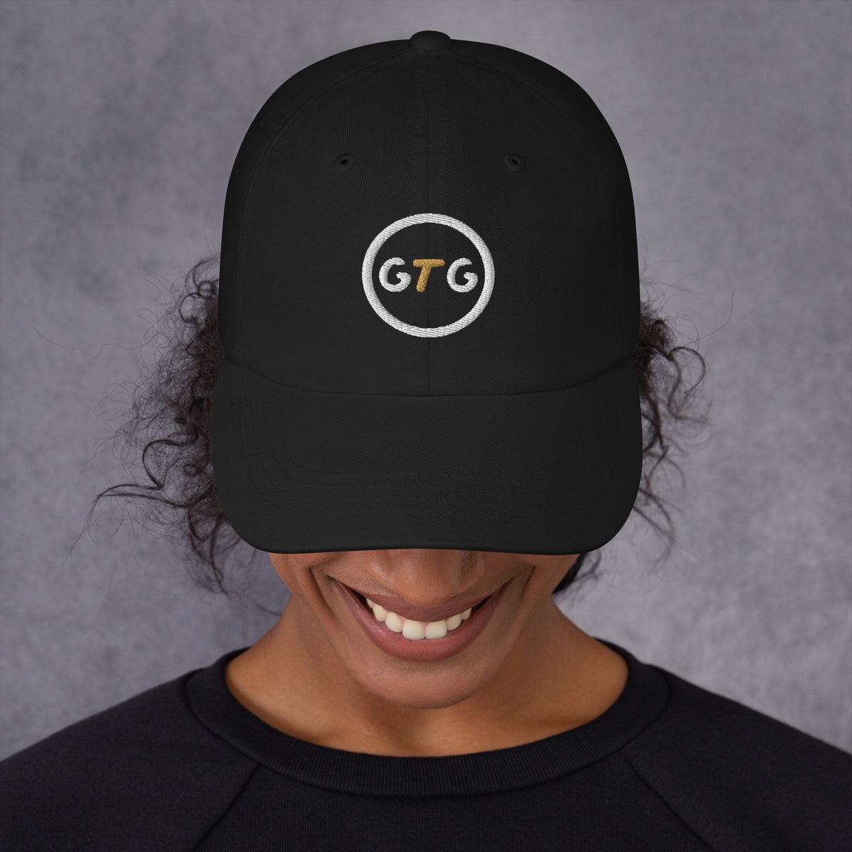 GTG Classic Dad Hat in Black with embroidered GTG badge, front view