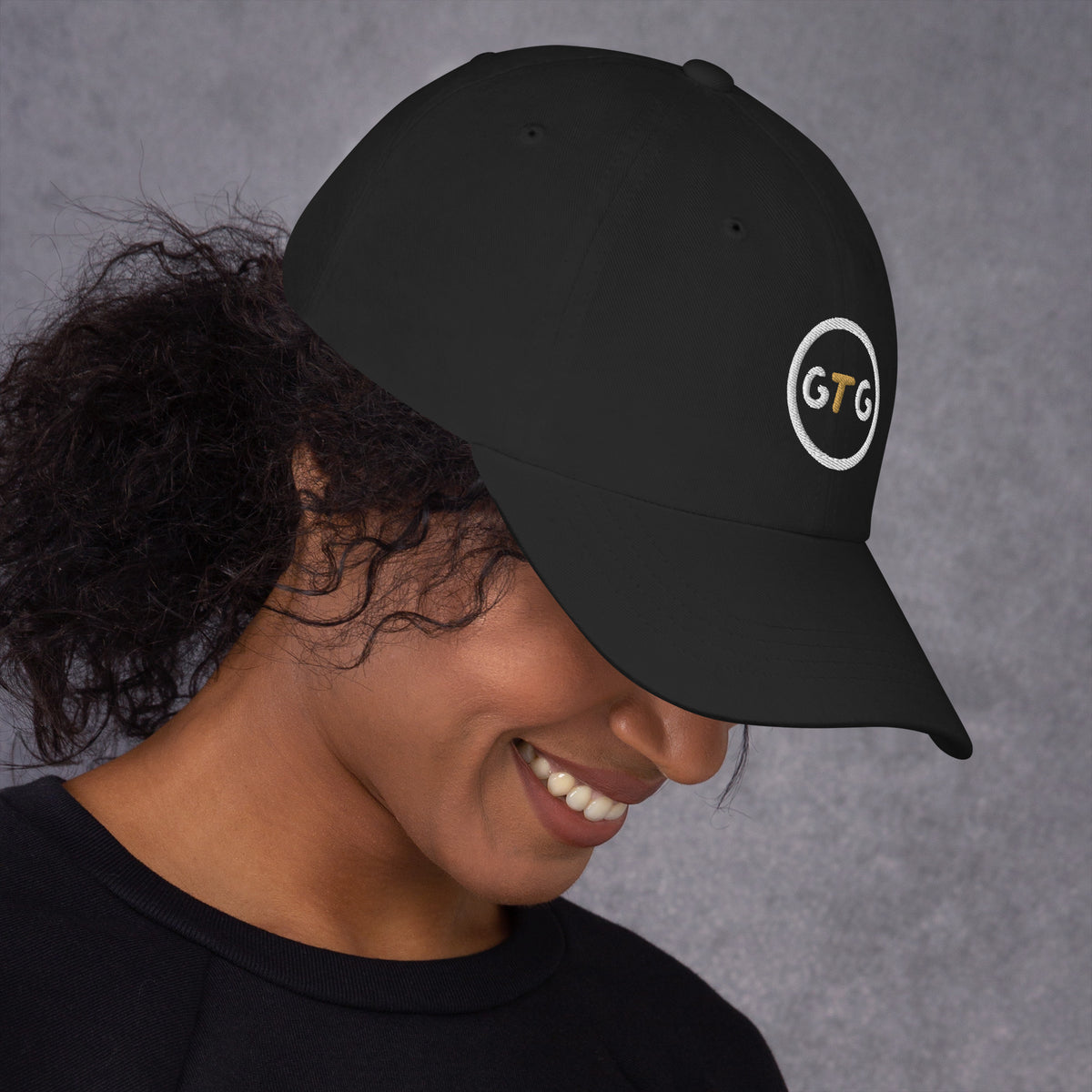 GTG Classic Dad Hat in Black with embroidered GTG badge, right side view