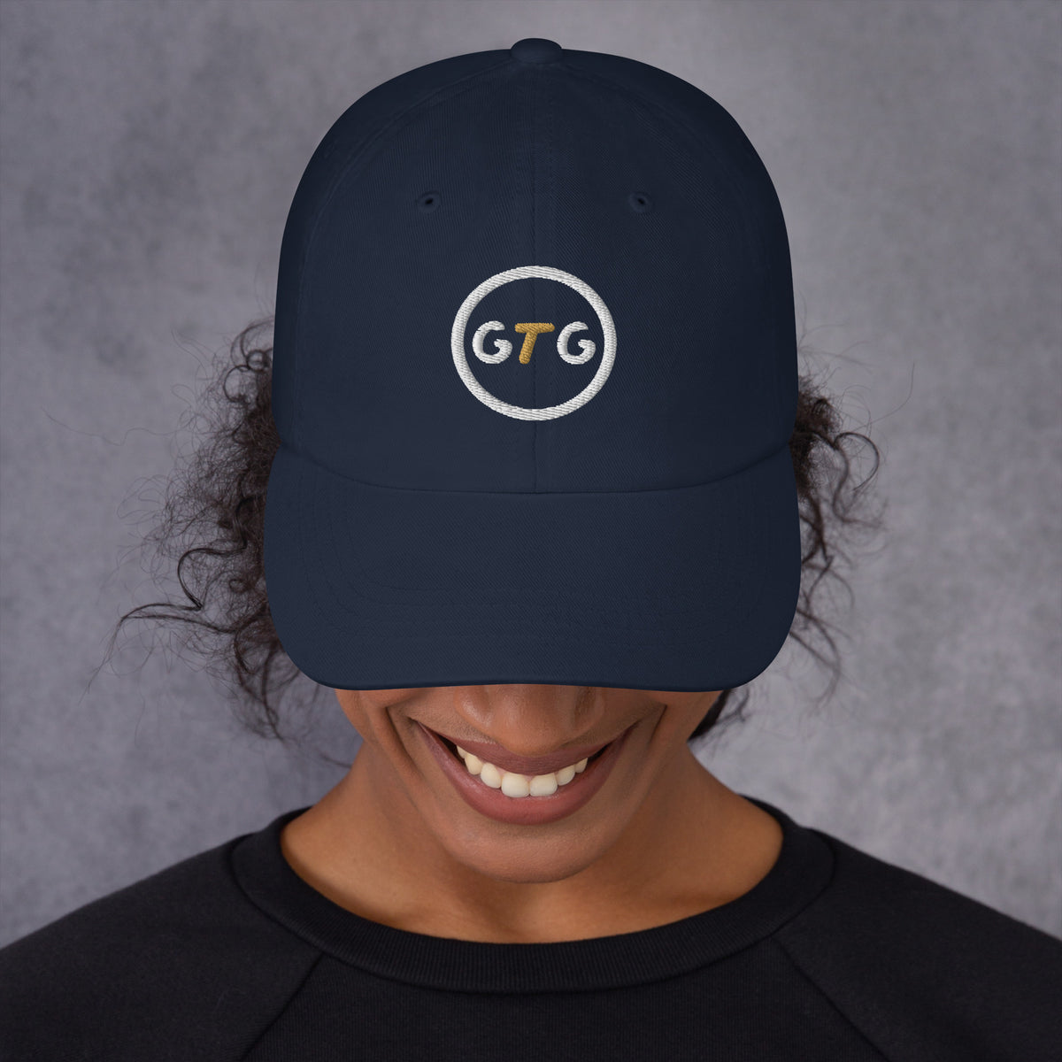 GTG Classic Dad Hat in Navy with embroidered GTG badge, front view