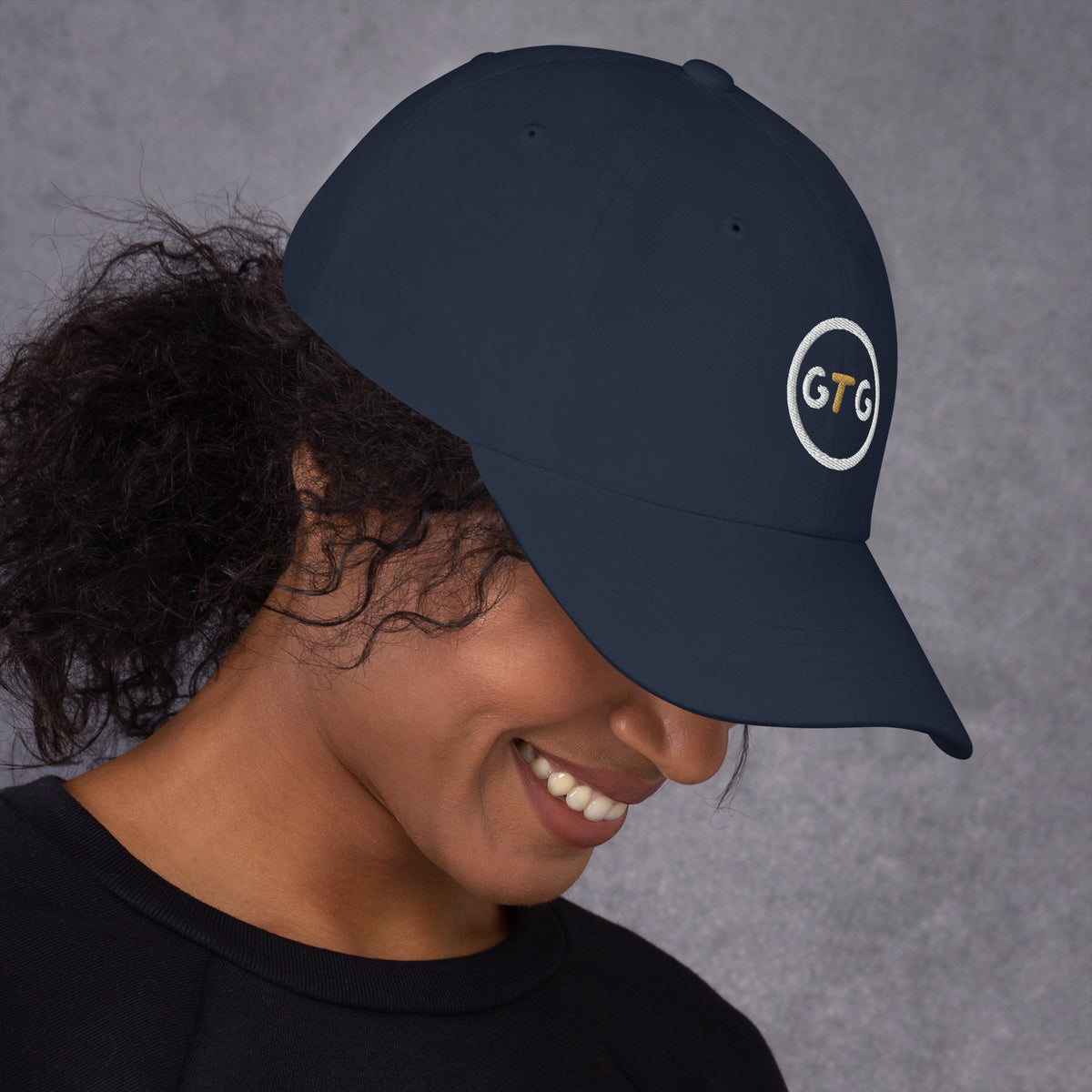 GTG Classic Dad Hat in Navy with embroidered GTG badge, right side view