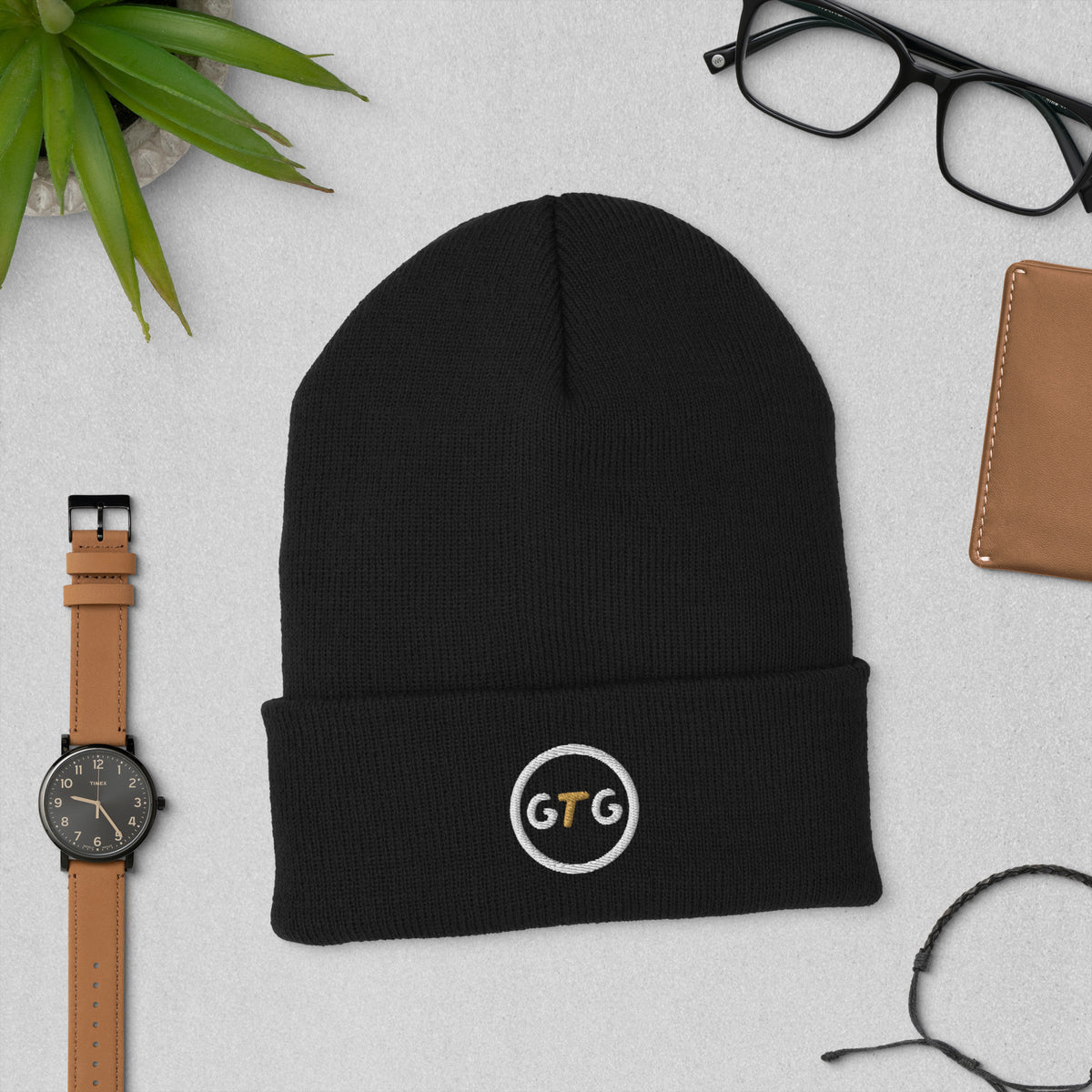 GTG Cuffed Beanie in Black with embroidered GTG badge on the cuff