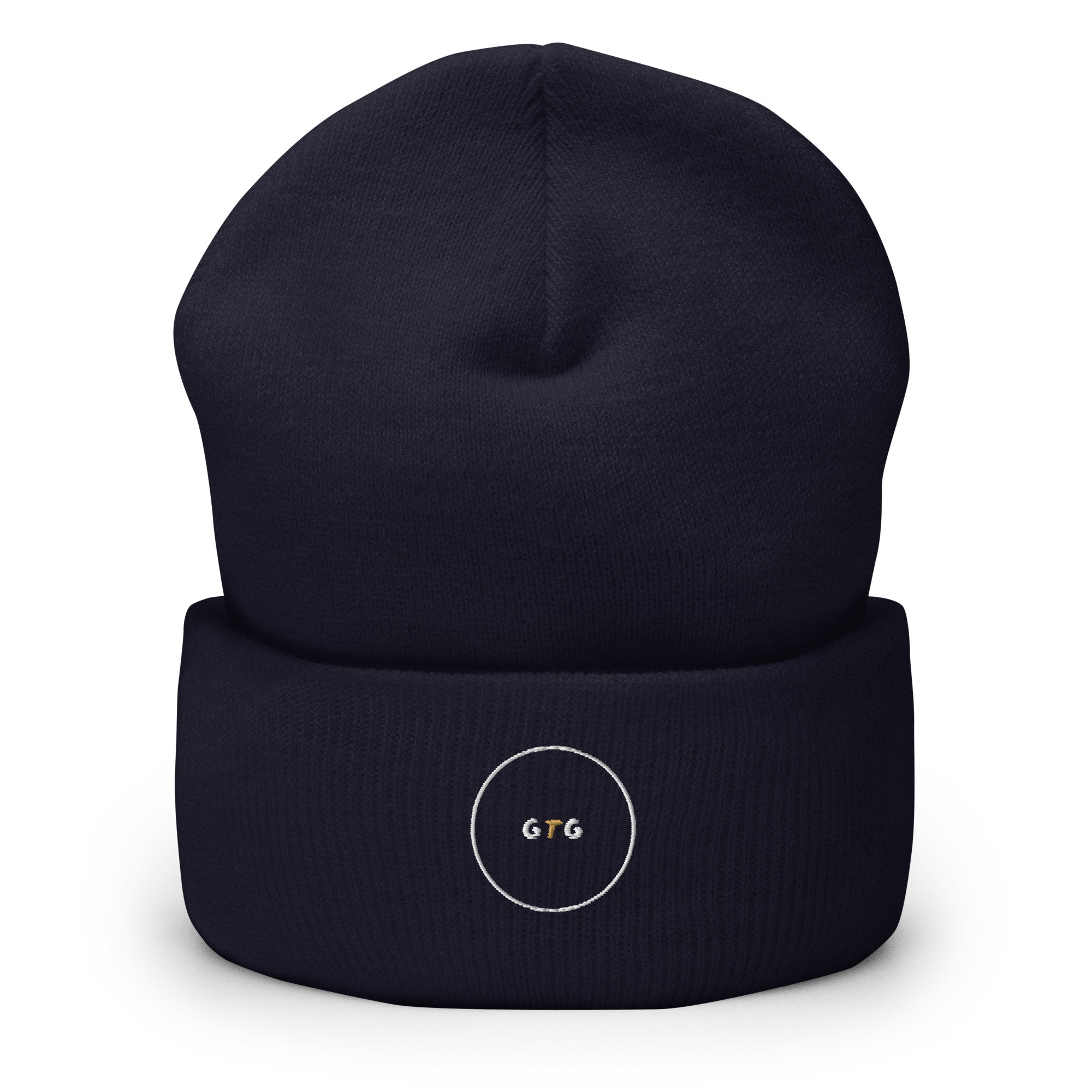 GTG GTG Cuffed beanie in Navy with embroidered logo, front view