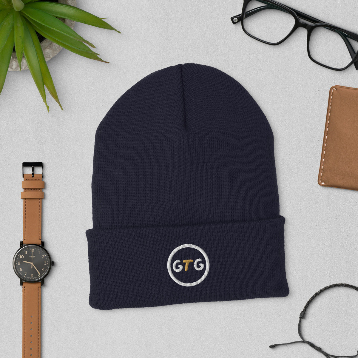 GTG Cuffed Beanie in Navy with embroidered GTG badge on the cuff