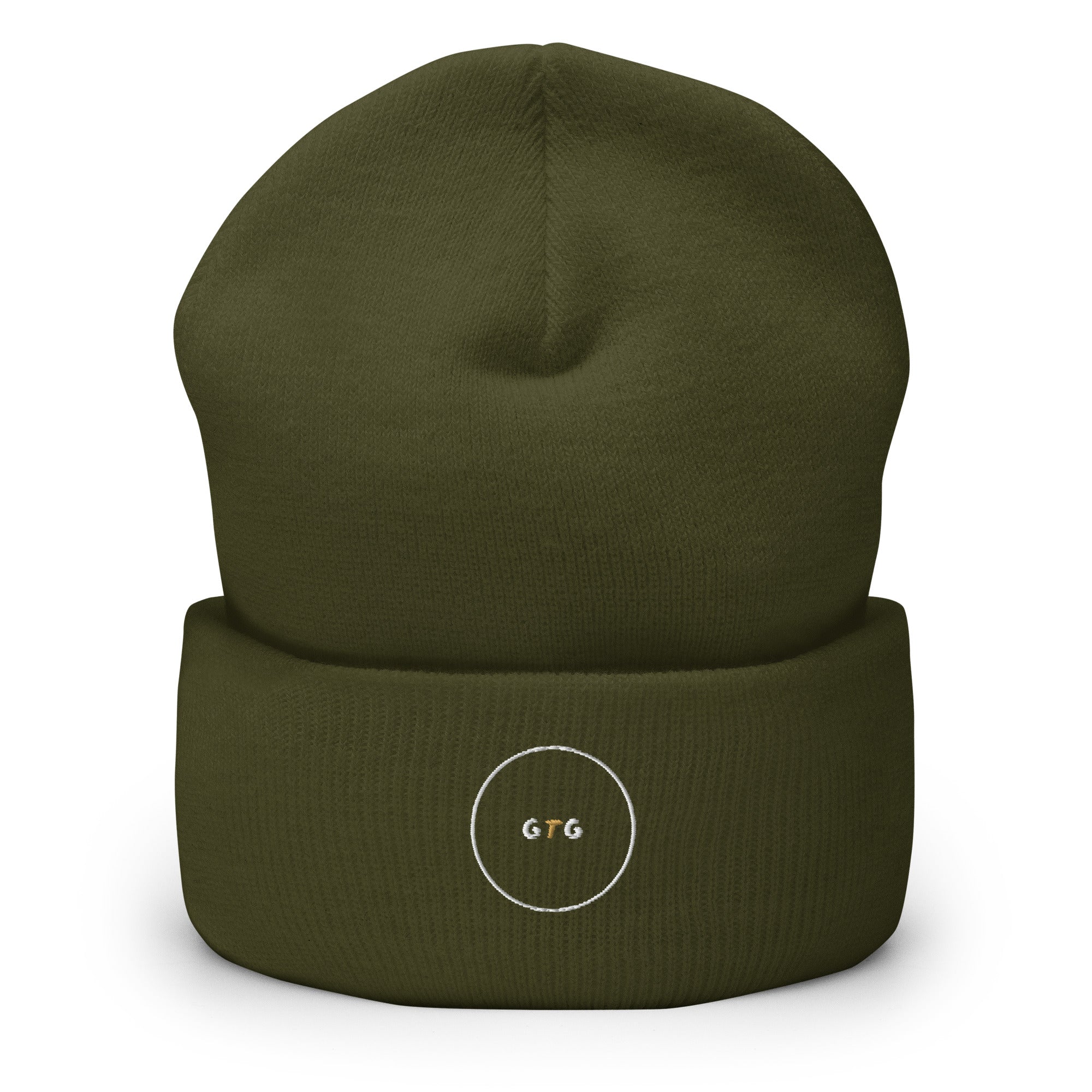 GTG GTG Cuffed beanie in Olive with embroidered logo, front view