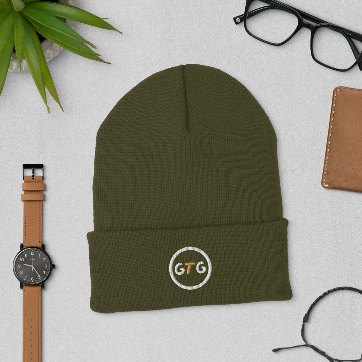 GTG Cuffed Beanie in Olive with embroidered GTG badge on the cuff