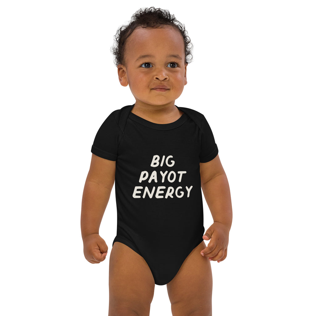 Big Payot Energy organic cotton baby bodysuit in Black, front view