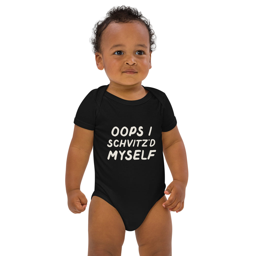 Oops I Schvitz'd Myself organic cotton baby bodysuit in Black, front view