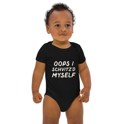 Oops I Schvitz'd Myself organic cotton baby bodysuit in Black, front view