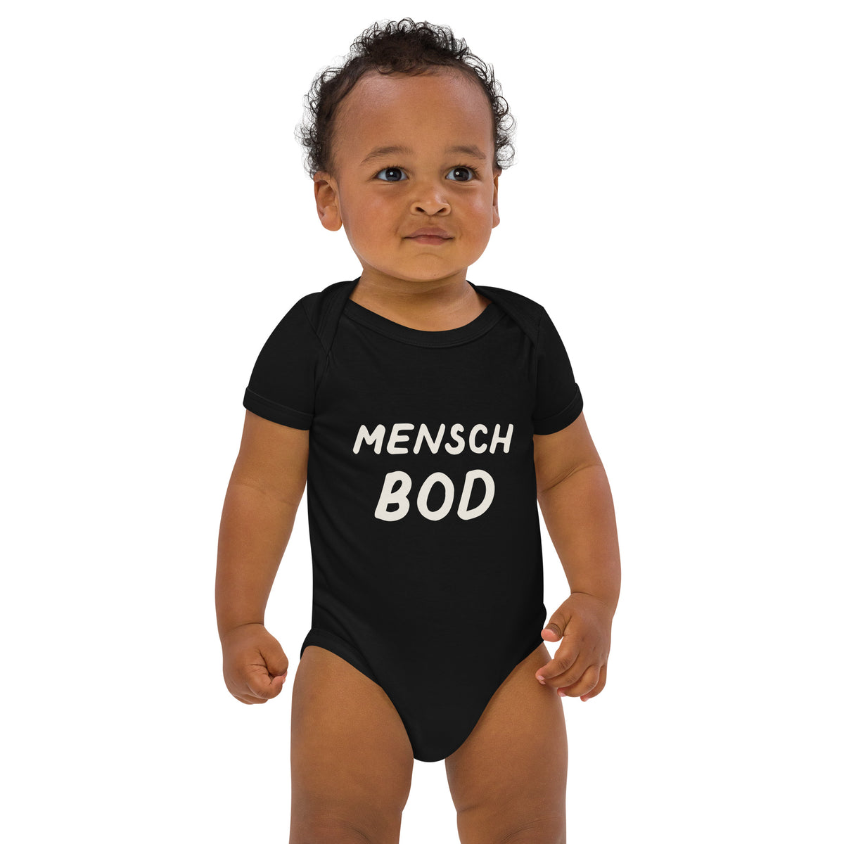 Mensch Bod organic cotton baby bodysuit in Black, front view
