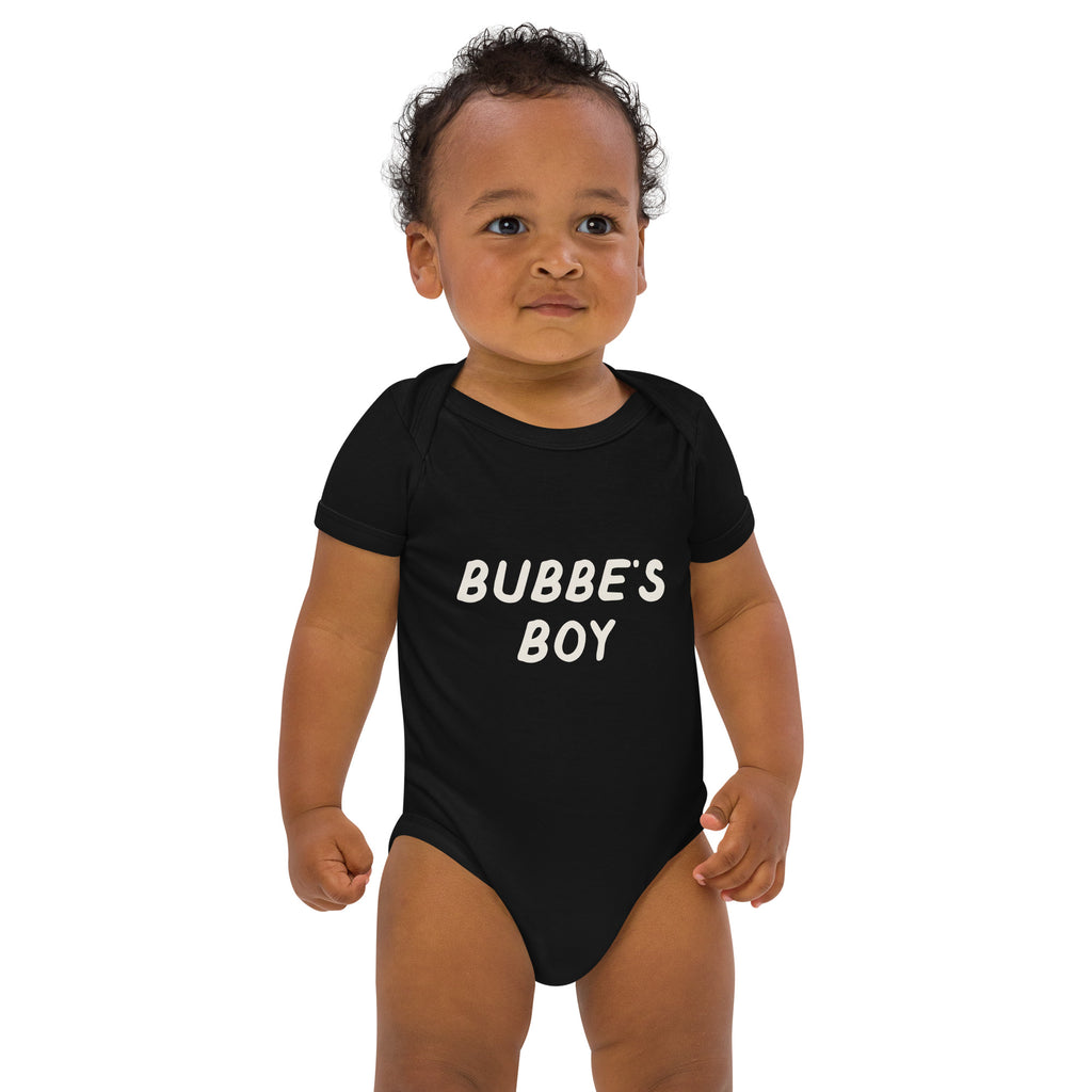 Bubbe's Boy organic cotton baby bodysuit in Black, front view