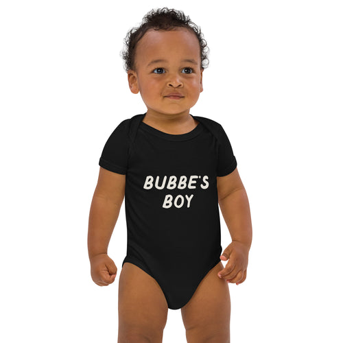 Bubbe's Boy organic cotton baby bodysuit in Black, front view