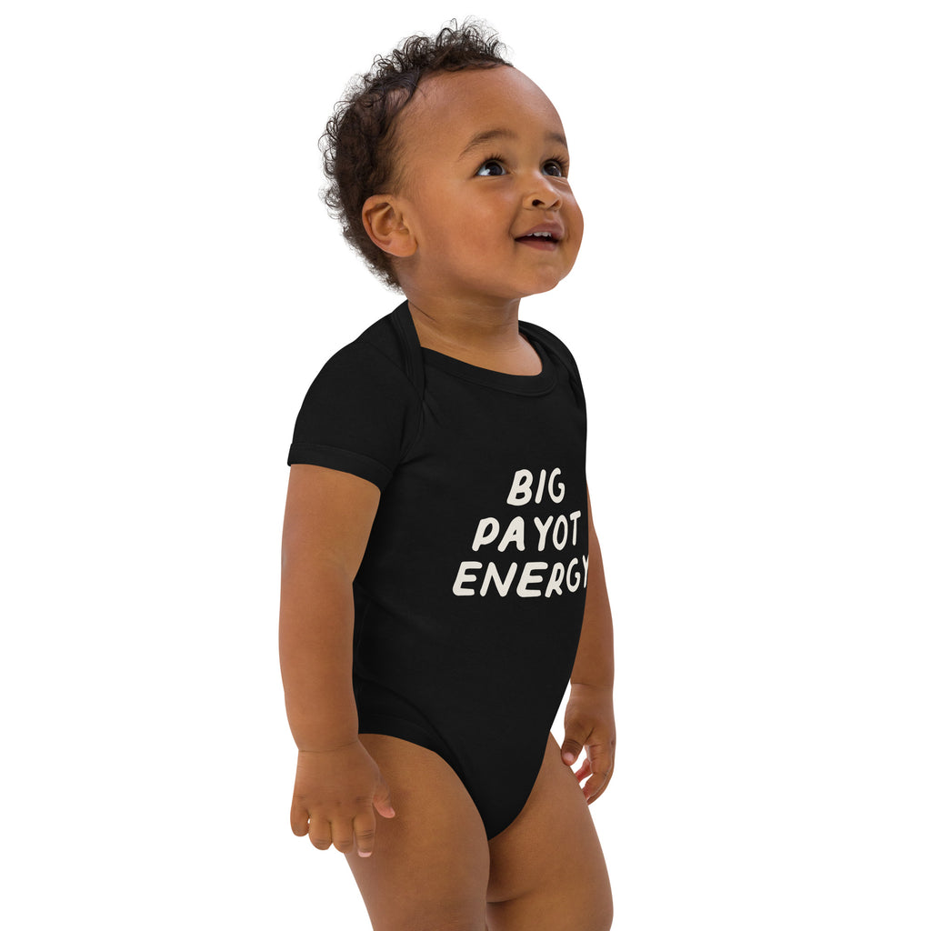 Big Payot Energy organic cotton baby bodysuit in Black, angled front view
