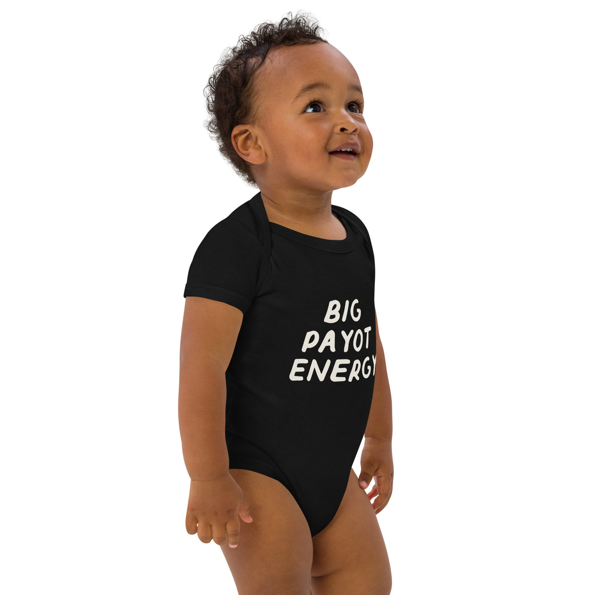 Big Payot Energy organic cotton baby bodysuit in Black, angled front view