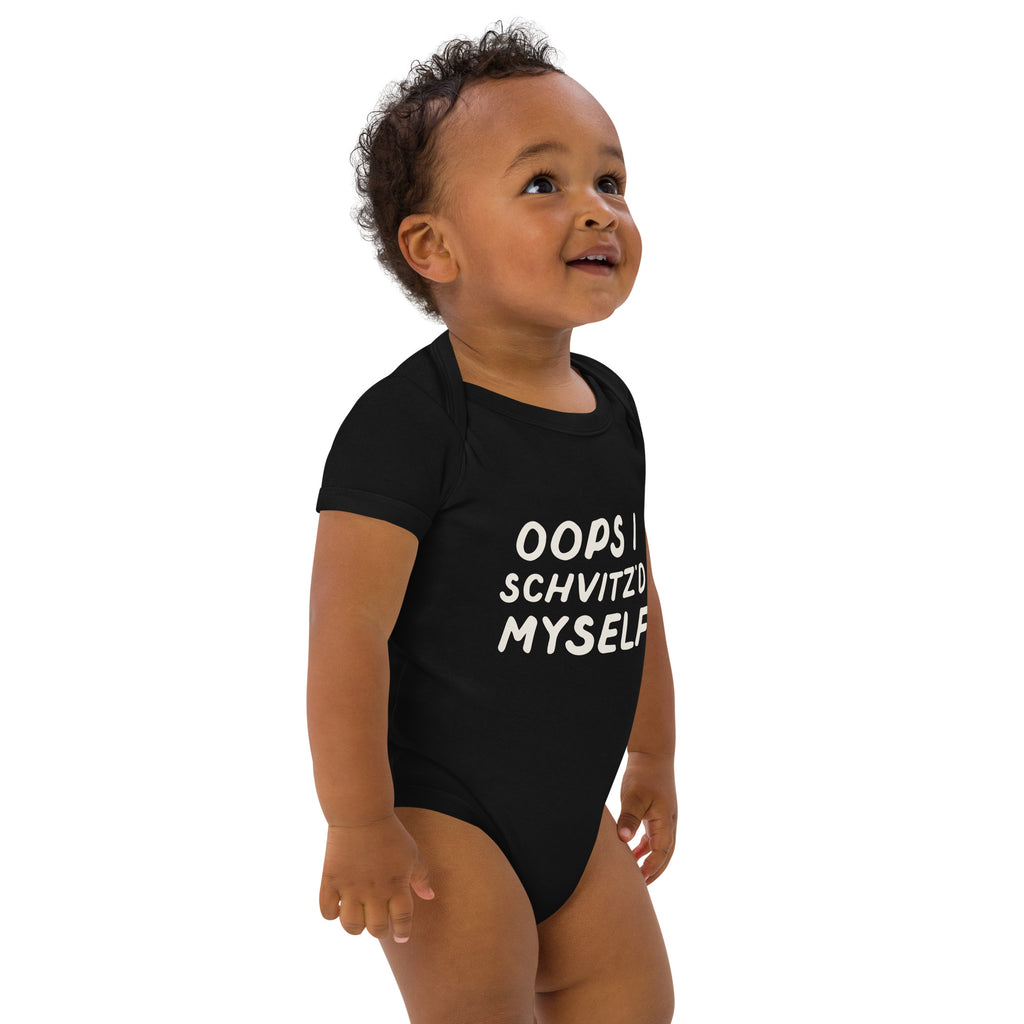 Oops I Schvitz'd Myself organic cotton baby bodysuit in Black, angled front view