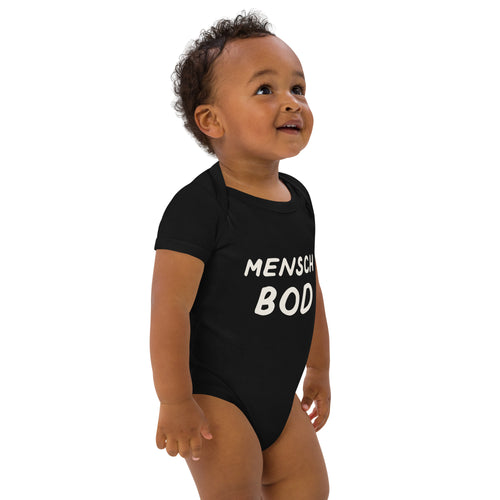 Mensch Bod organic cotton baby bodysuit in Black, angled front view
