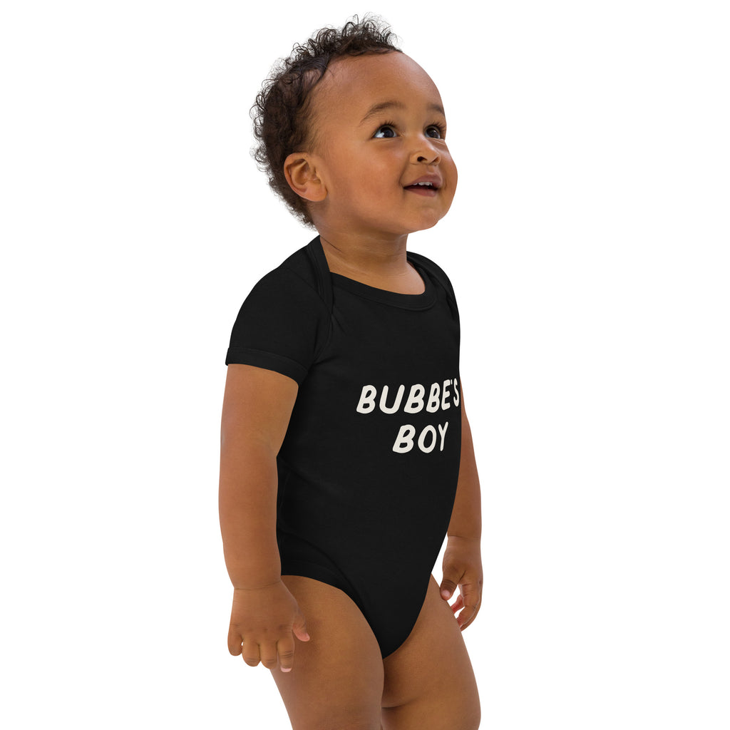 Bubbe's Boy organic cotton baby bodysuit in Black, angled front view