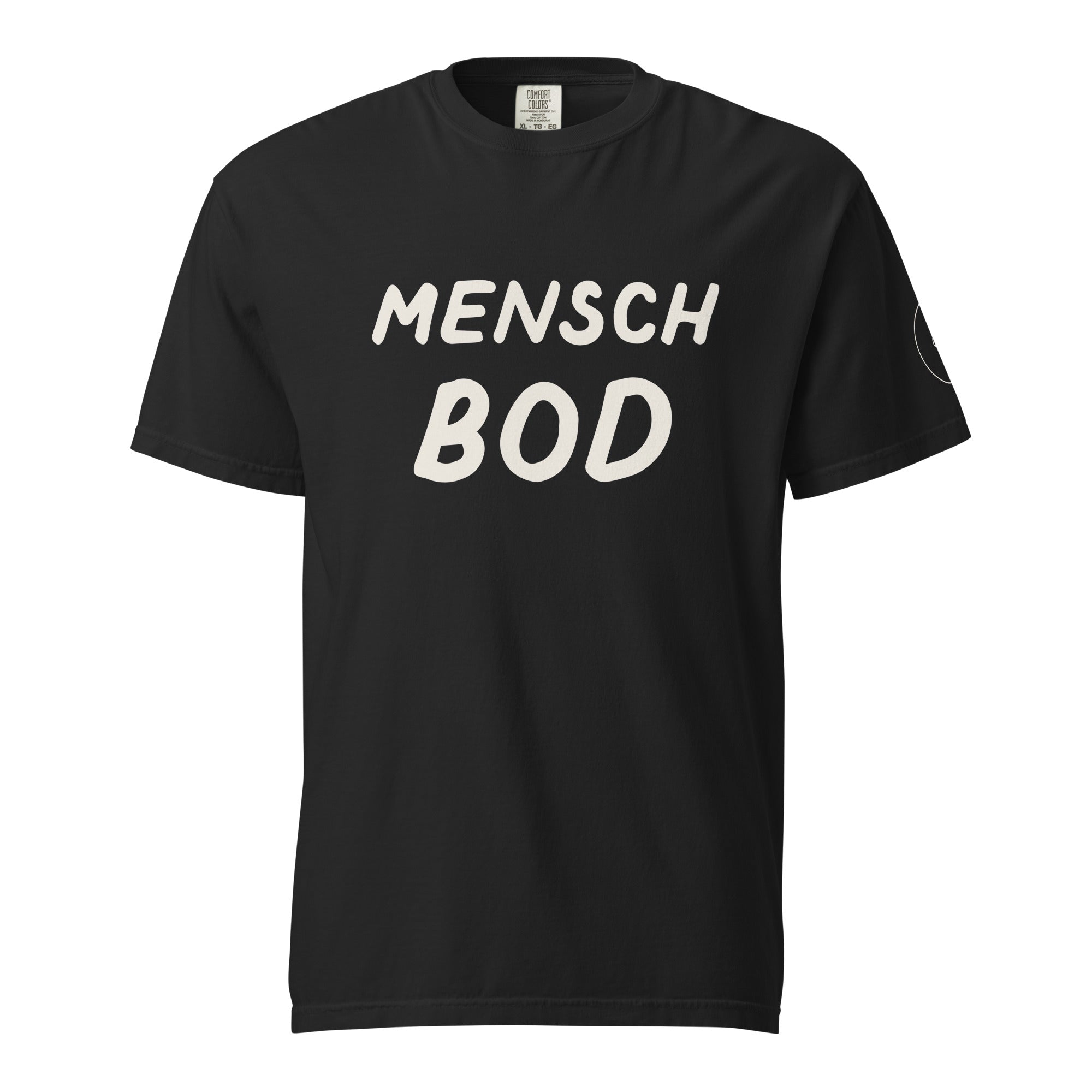 GTG Mensch Bod tee in Black with cream print, front view