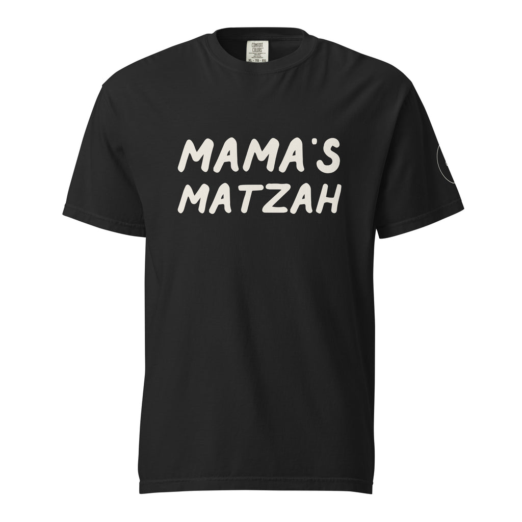 GTG Mama's Matzah tee in Black with cream print, front view