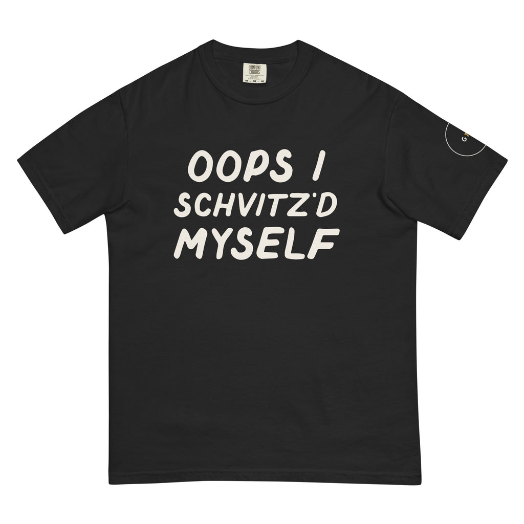 GTG Oops I Schvitz'd Myself tee in Black with cream print, front view