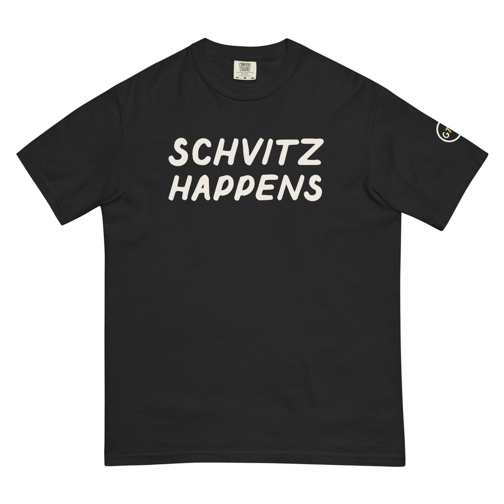 Good Thank God Schvitz Happens T-shirt in Black, front view