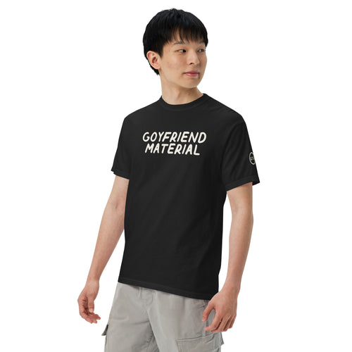Model wearing the Good Thank God Goyfriend Material T-shirt in Black, left front view showing the GTG sleeve badge