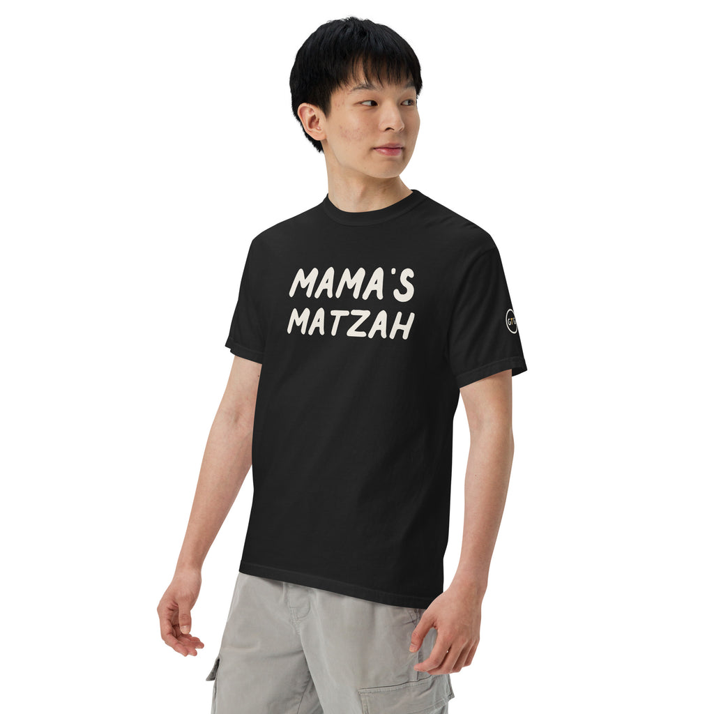 Model wearing the Good Thank God Mama's Matzah T-shirt in Black, left front view showing the GTG sleeve badge