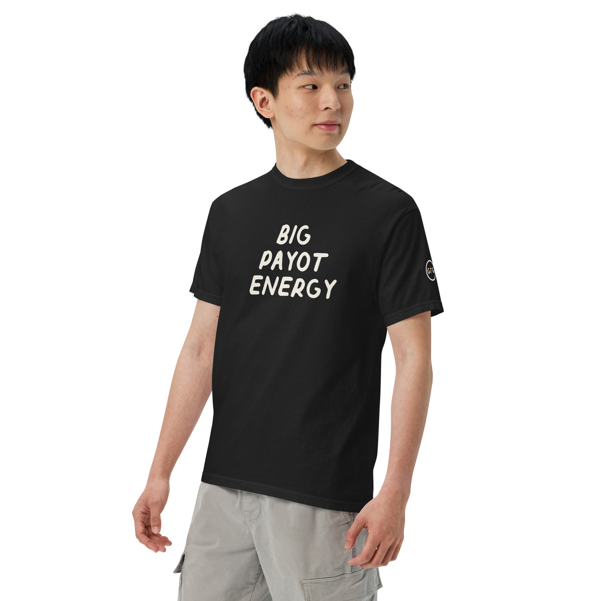 Model wearing the Good Thank God Big Payot Energy T-shirt in Black, left front view showing the GTG sleeve badge