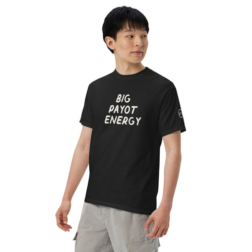 Model wearing the Good Thank God Big Payot Energy T-shirt in Black, left front view showing the GTG sleeve badge