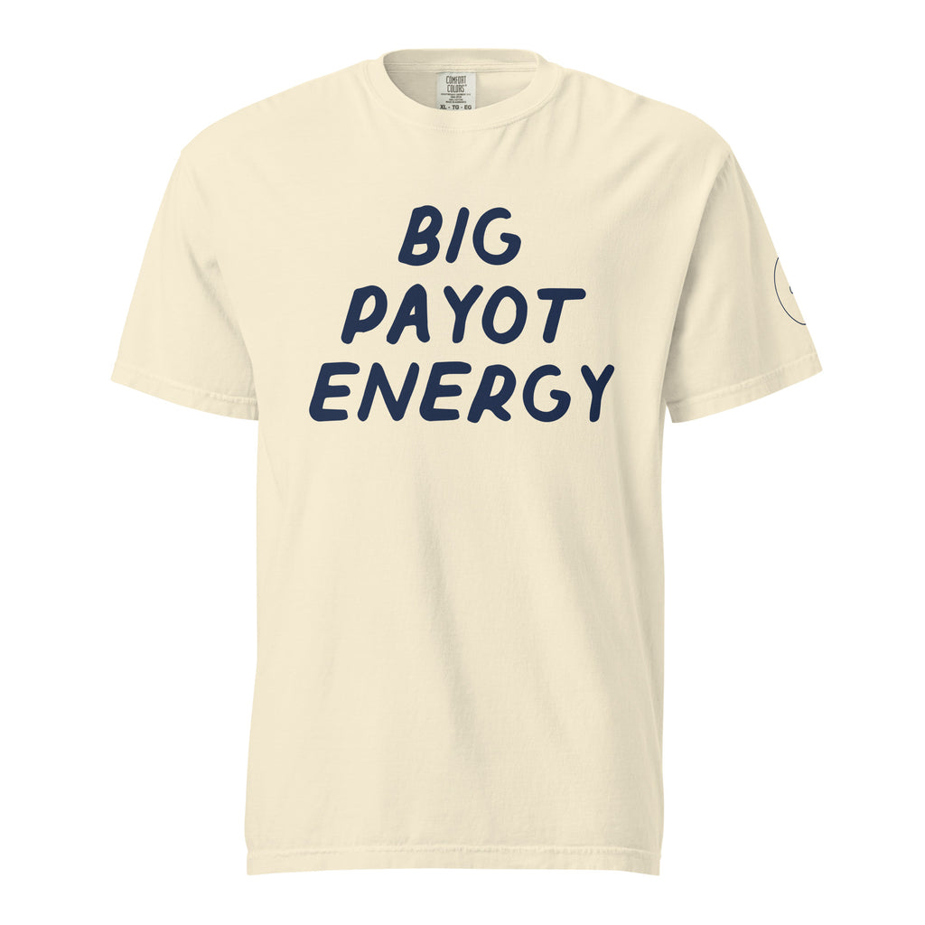 GTG Big Payot Energy tee in Ivory with navy print, front view