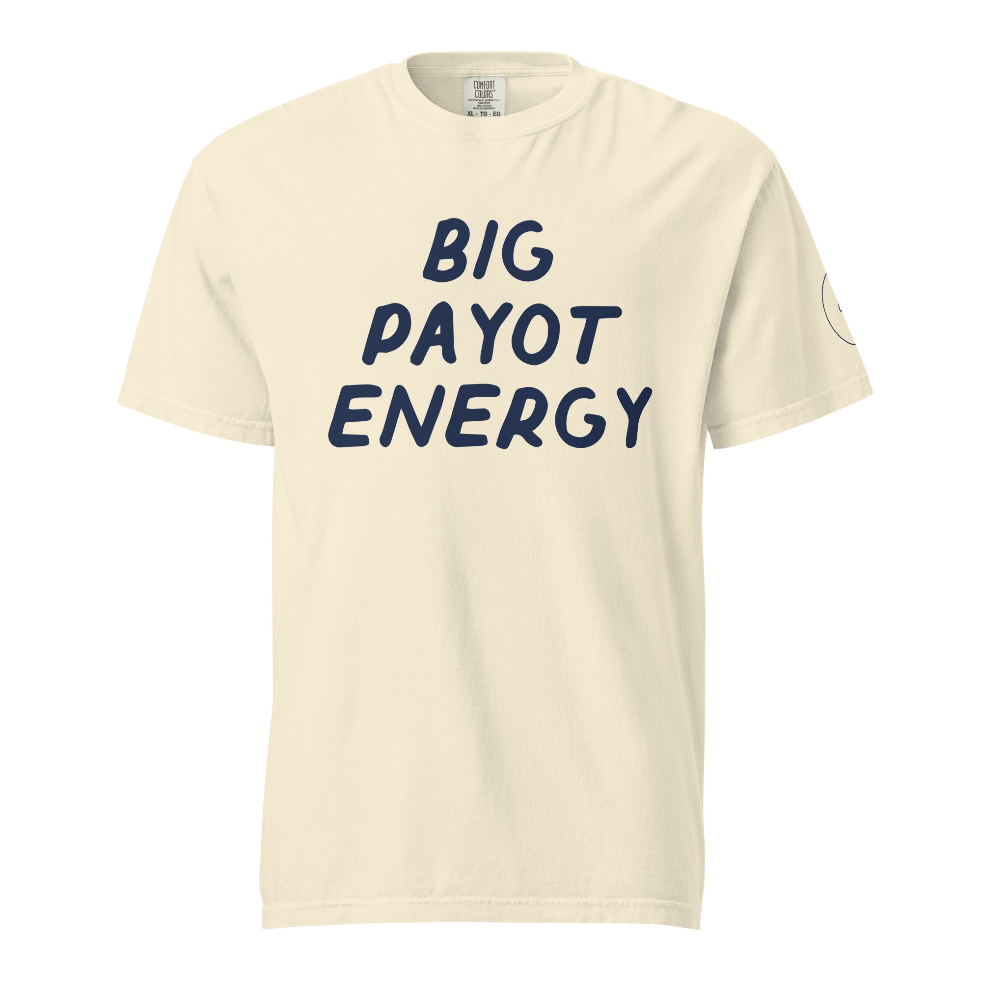 GTG Big Payot Energy tee in Ivory with navy print, front view