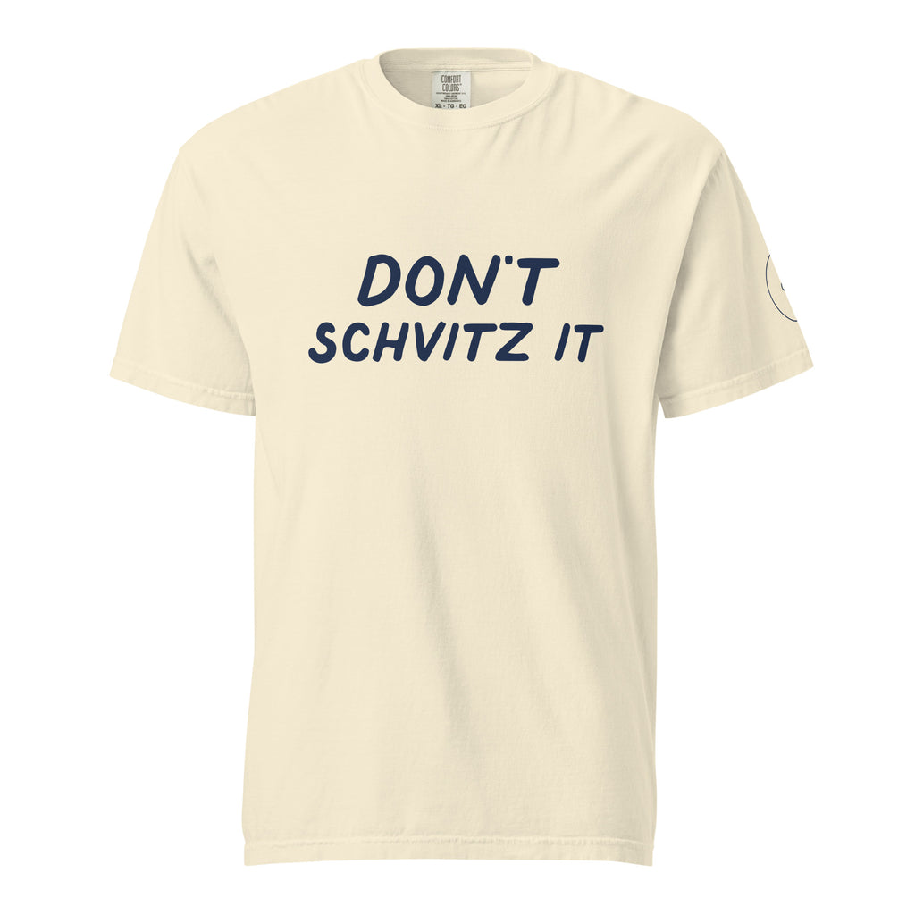 GTG Don't Schvitz It tee in Ivory with navy print, front view