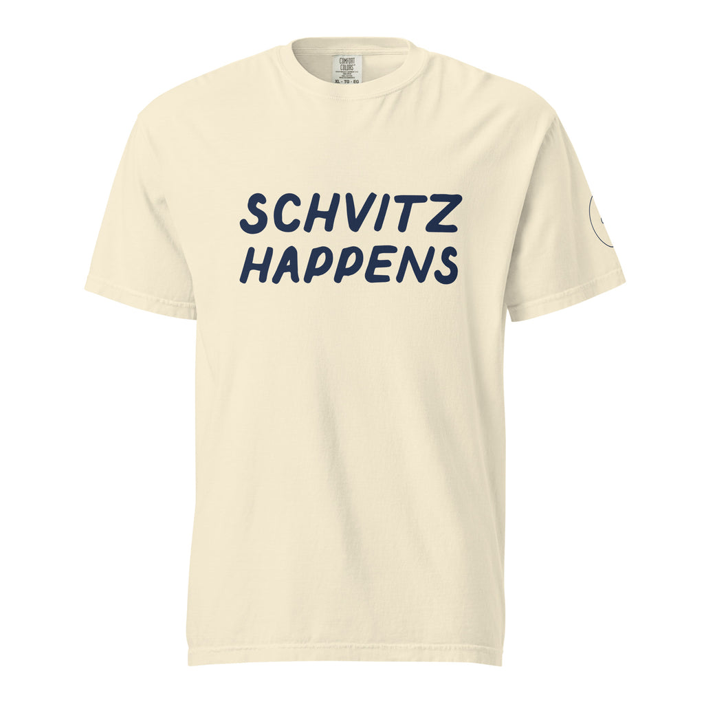 GTG Schvitz Happens tee in Ivory with navy print, front view