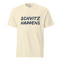 GTG Schvitz Happens tee in Ivory with navy print, front view