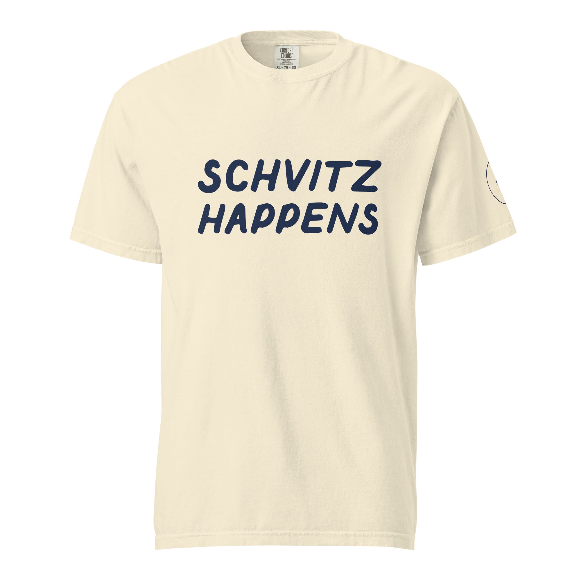 GTG Schvitz Happens tee in Ivory with navy print, front view