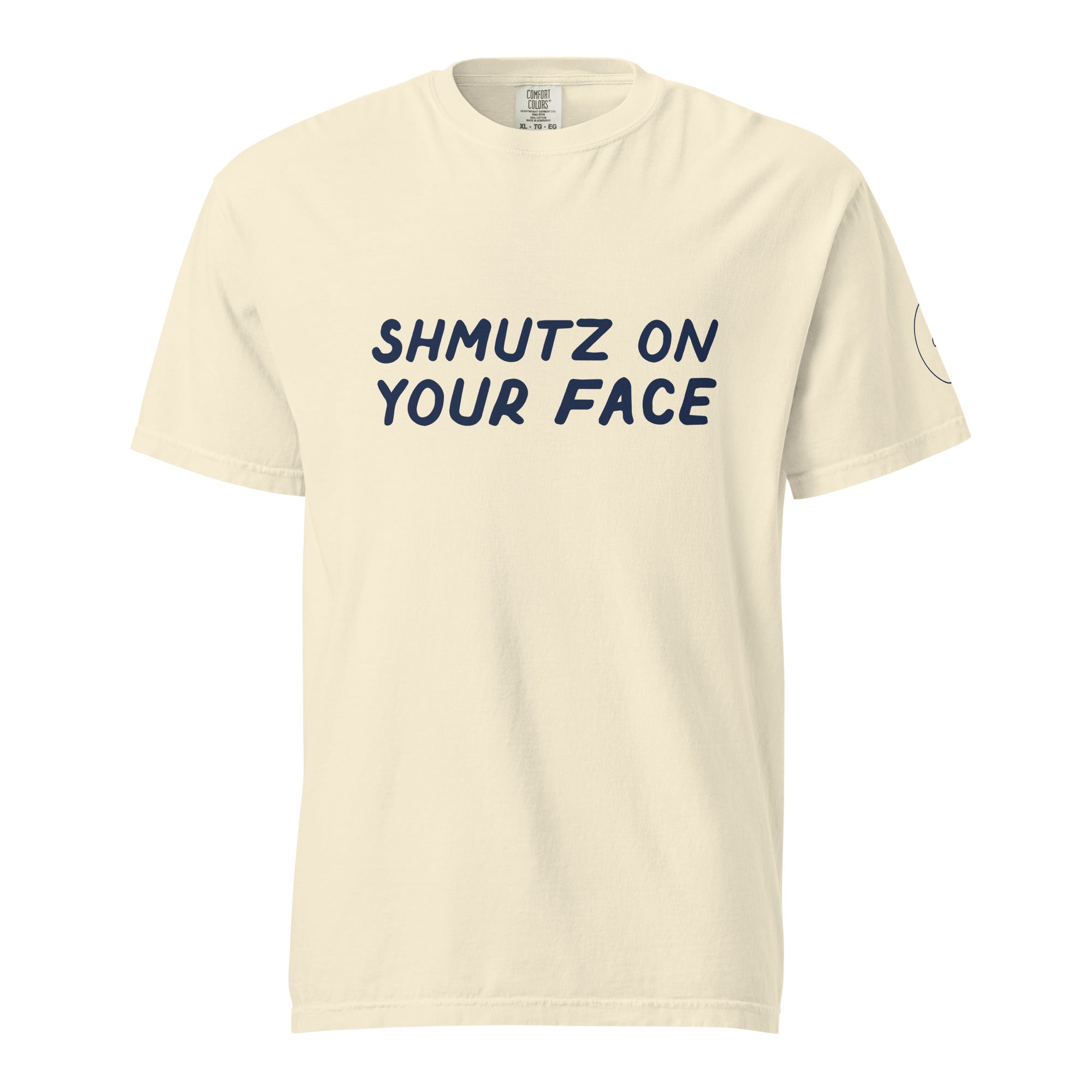 GTG Shmutz on Your Face tee in Ivory with navy print, front view