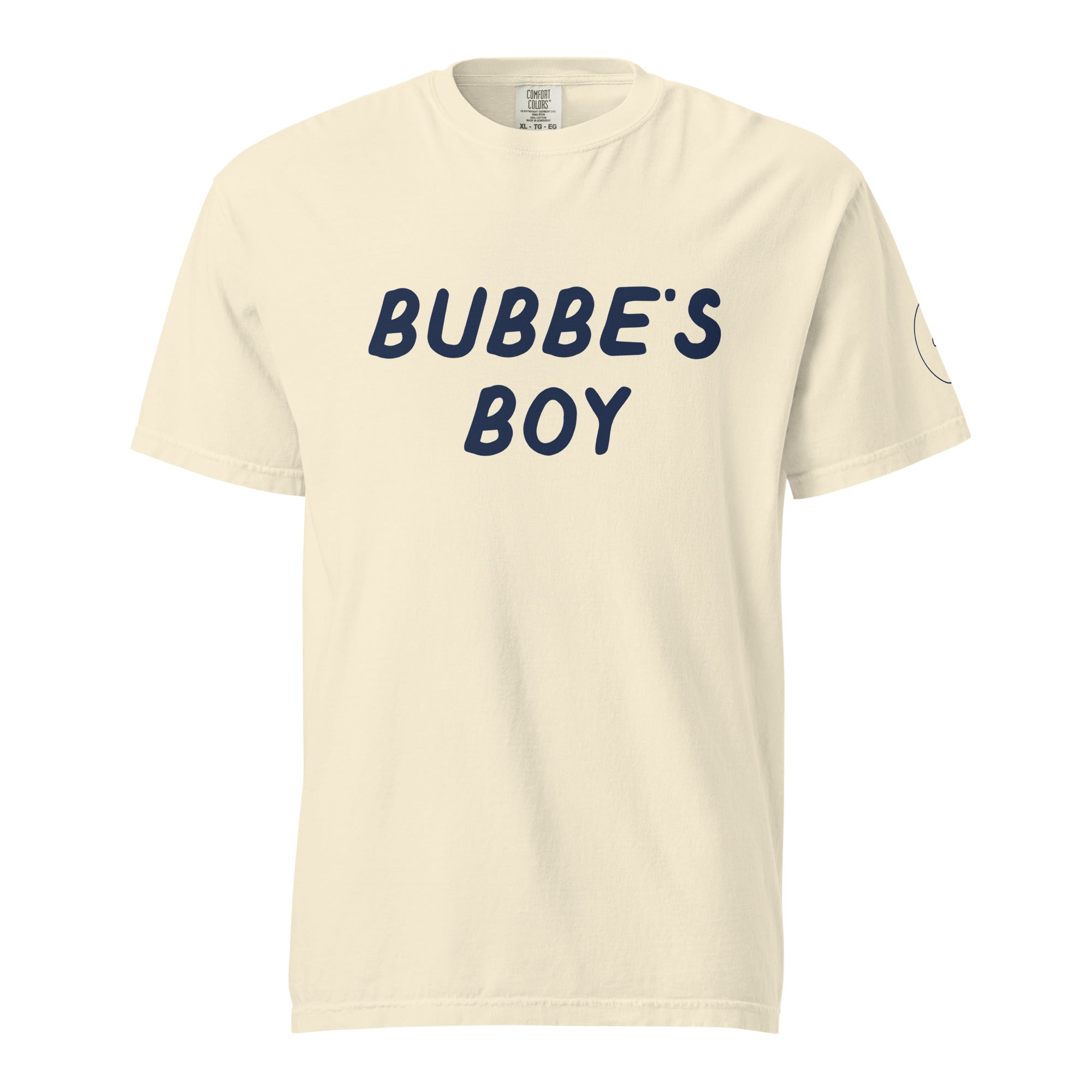 GTG Bubbe's Boy tee in Ivory with navy print, front view