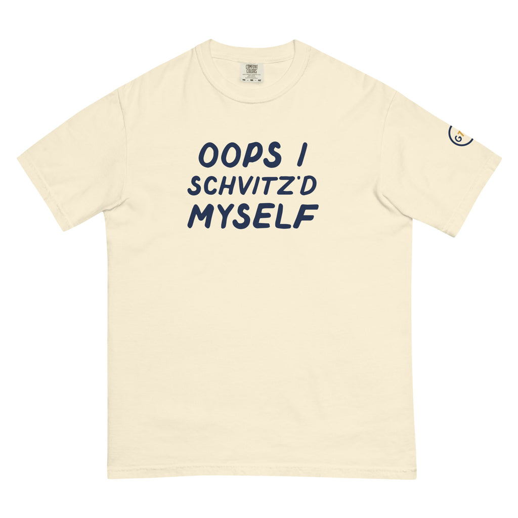Good Thank God Oops I Schvitz'd Myself T-shirt in Ivory, front view