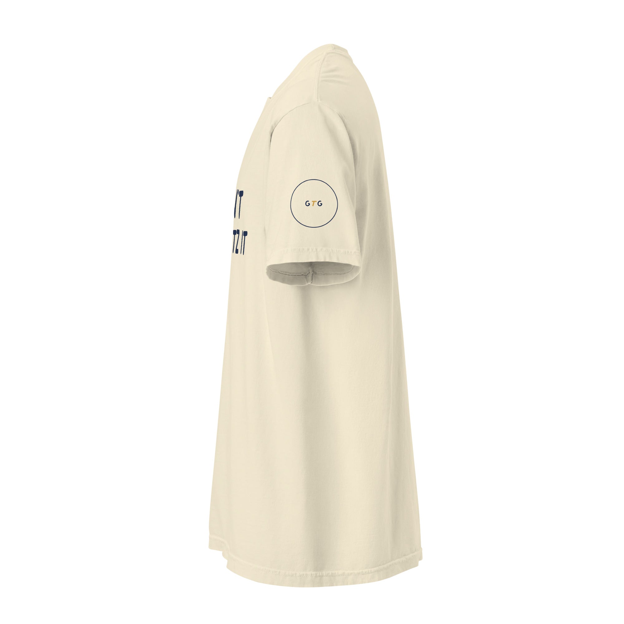 GTG Don't Schvitz It tee in Ivory with navy print, detail view 2